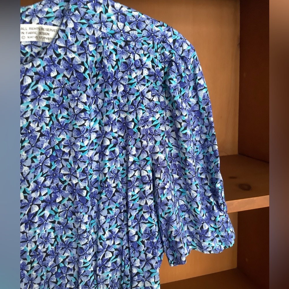 VTG 80s Karin Stevens Blue Floral Midi Dress Size 8 | Prairie Secretary Dress - Picture 8 of 14